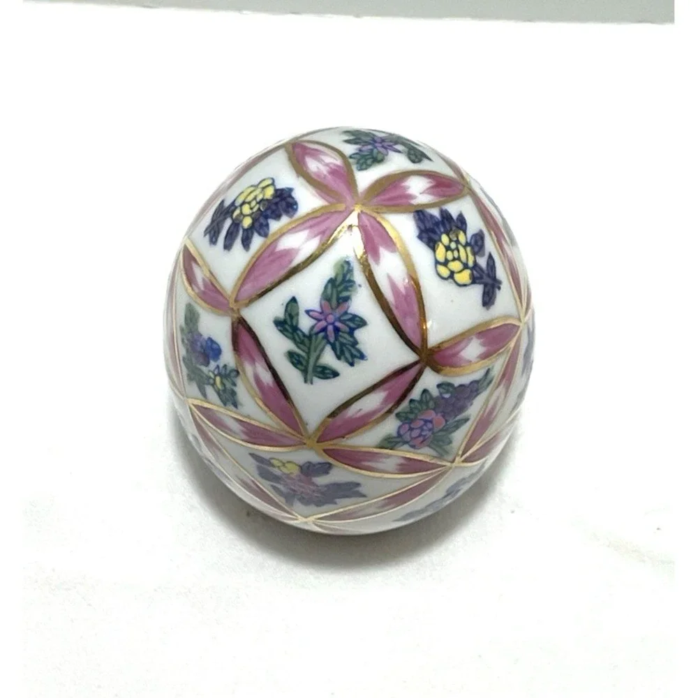 Vintage Hand Painted Porcelain Egg on Stand Floral Pink Ribbon Easter Cottage
